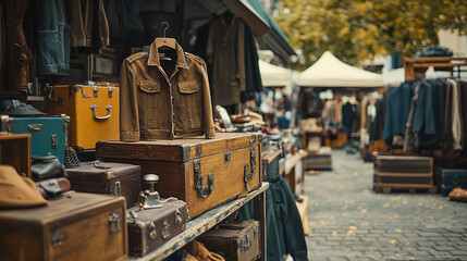 Discovering timeless treasures at an outdoor vintage market finding unique garments and leather suitcases bathed in soft