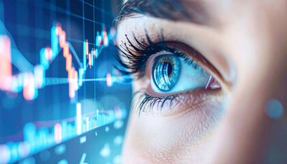 Financial Vision: A close-up shot of a captivating eye reflects the fluctuating dynamics of financial market, symbolizing astute observation and analysis within the industry.