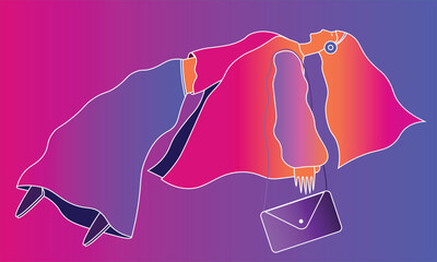 A woman listening music with headphone illustration, Streaming song for sleep at night vector with neon color gradient.