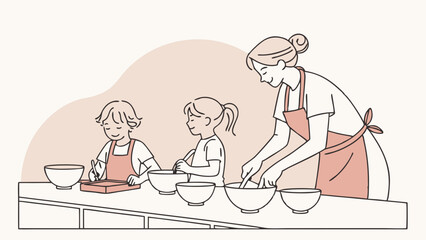 Woman and Children Baking Together Illustration Style