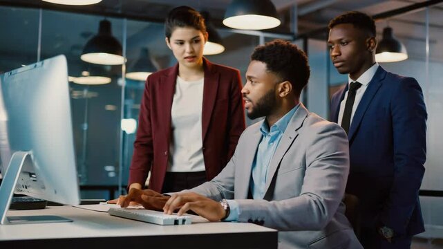 Professional Team Collaborates Around Entrepreneur Solving Project Challenges at Desk