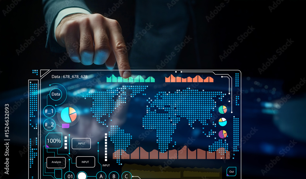 Poster business professional interacting with futuristic digital data dashboard in dark environment, analyz