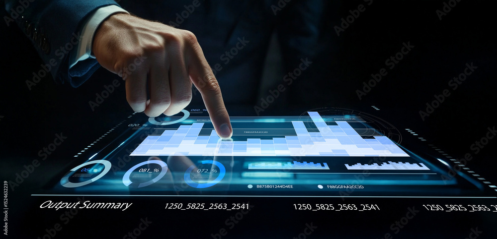 Poster businessman interacting with futuristic touchscreen display analyzing data trends in modern office e