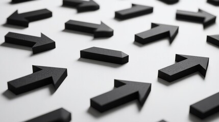 Abstract black directional symbols with sharp shadows on white, geometric precision in modern design
