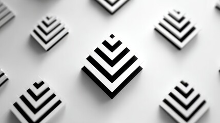 Abstract black directional symbols with sharp shadows on white, geometric precision in modern design
