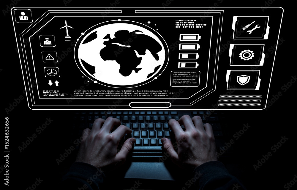 Poster futuristic interface with global network representation, hands on keyboard, data analysis, technolog