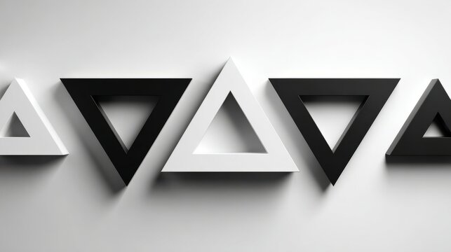 Abstract black directional symbols with sharp shadows on white, geometric precision in modern design
