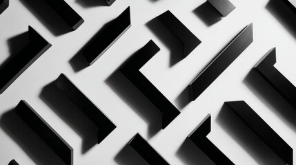 Abstract black directional symbols with sharp shadows on white, geometric precision in modern design
