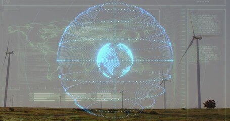 Faint wireframe orb appearing among turbines, spiraling rings and rotating globe showing power data - Powered by Adobe