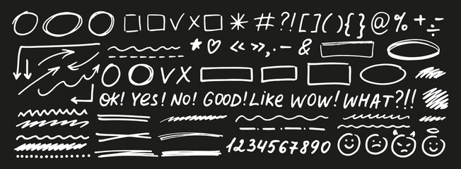 Marker hand drawn text symbols set. Underline, frames, arrows, brush elements. Hand sketched brush strokes, scribble forms, marks. 