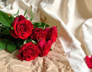 Fototapeta premium Vibrant Red Roses on Fabric, Flatlay of fresh red roses arranged