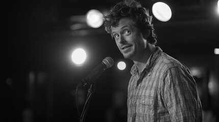 A charismatic comedian captivating his audience with witty humor on stage sharing laughter under bright stage lights in
