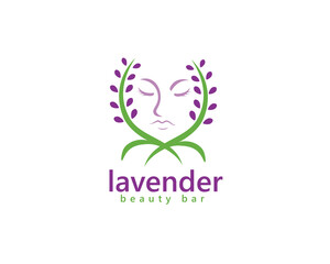 creative lavender beauty bar logo, two lavender flowers crossed with a face in the middle, logo design inspiration