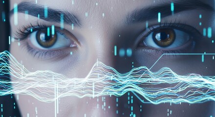Futuristic Woman's Eyes with Abstract Data Waves and Digital Overlay