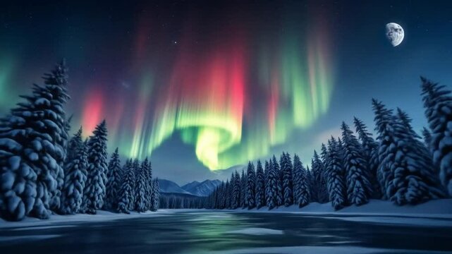 Magical 8K timelapse of aurora borealis over snowy pine forest and frozen river at night

