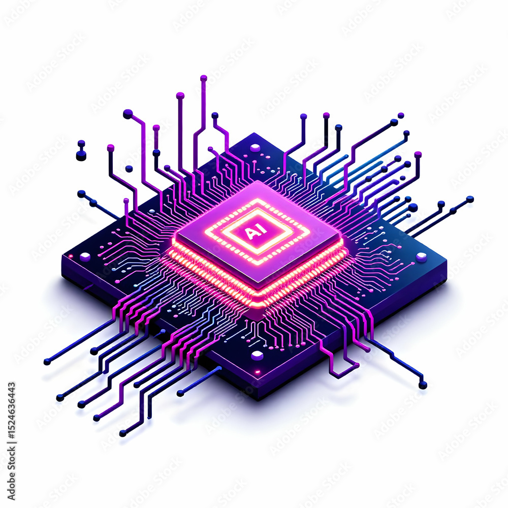 Poster isometric illustration of a glowing ai processor chip with circuit board connections