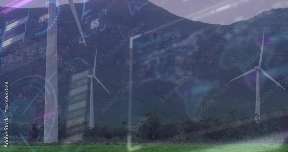 Poster semi-transparent data visuals sliding in overlaying three wind turbines illustrating power metrics
