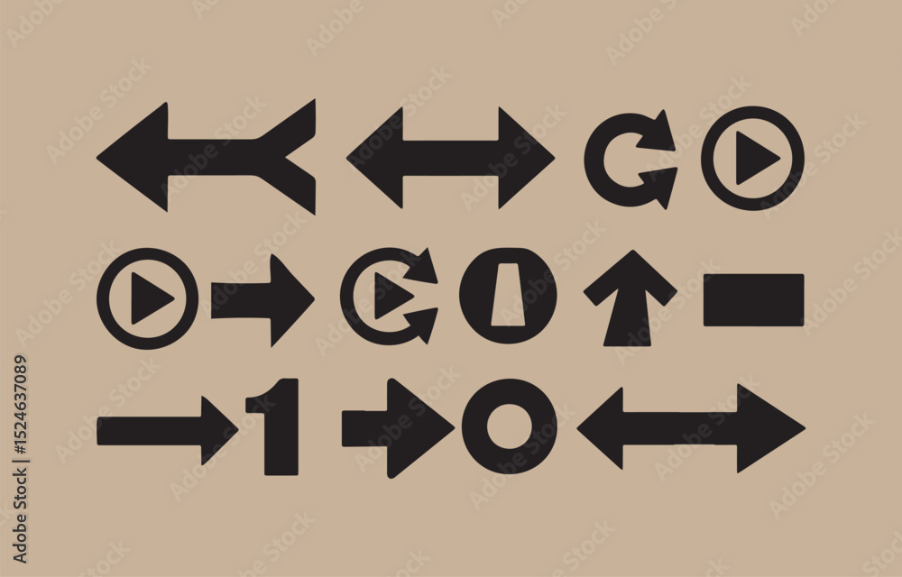 Poster collection of black arrows and navigation symbols on beige background