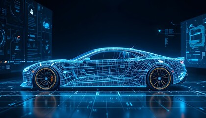 Futuristic car design technology concept with blue wireframe illustration