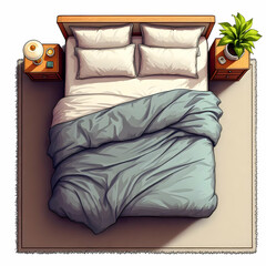 Overhead view of a cozy bedroom scene, featuring a double bed with teal duvet, wooden nightstands, and a small plant