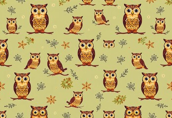 Pattern of Cute Owls on Green Background with Floral Elements
