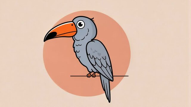 Gray cartoon bird with orange beak on branch