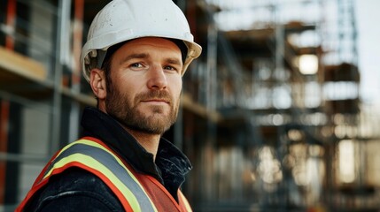 A young European male construction worker wearing a safety helmet and reflective vest, confidently posing at a construction site with scaffolding in the background.