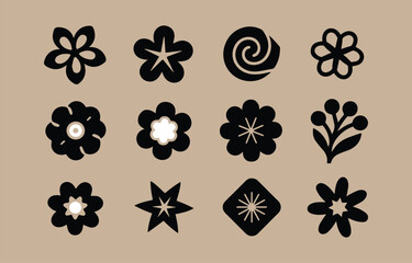 Twelve simple black and beige floral and star icons