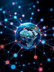 Fototapeta premium Futuristic Earth-centered network with glowing crypto nodes and IoT connections, symbolizing global digital connectivity.