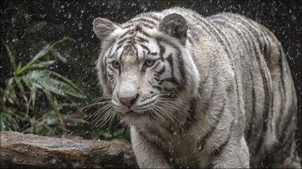 Majestic White Tiger Shaking Water Droplets in a Lush Green Environment Under Soft Light