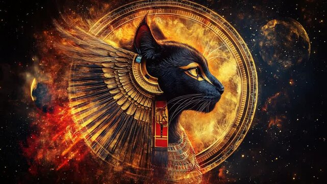 Celestial Bastet: An artistic depiction of the Egyptian cat goddess with cosmic elements