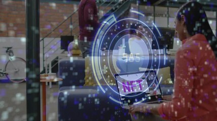 Holographic interface appearing in lounge updating NFT market metrics while woman operating laptop - Powered by Adobe