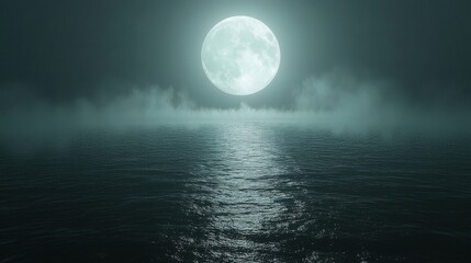 Full Moon Over Dark Ocean Waters with Reflections and Misty Sky at Night