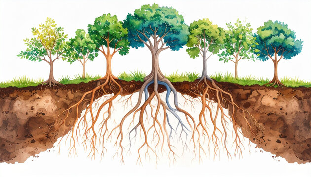 Interconnected Tree Roots Watercolor Illustration Showing Extensive Root Systems Below Ground Level