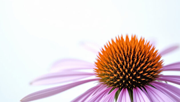 A detailed close-up captures the vibrant orange center of a purple coneflower, its delicate petals softly blurred against a white background.  The image highlights the intricate texture of flower