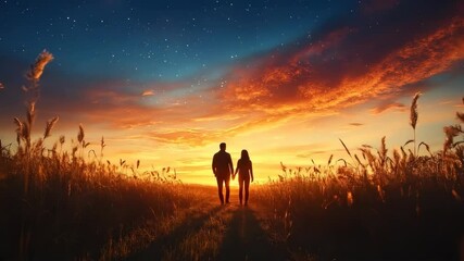 Romantic silhouette of a couple holding hands at sunset in a serene field with stars emerging - Powered by Adobe