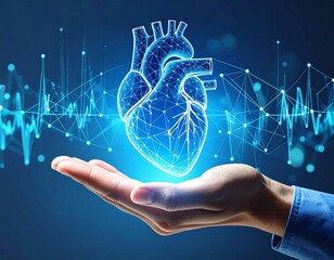 AI heart logo in hand blue wireframe