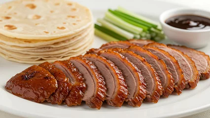 Handdoek met foto Peking Delicious sliced peking duck with pancakes and scallions  © Bibekananda