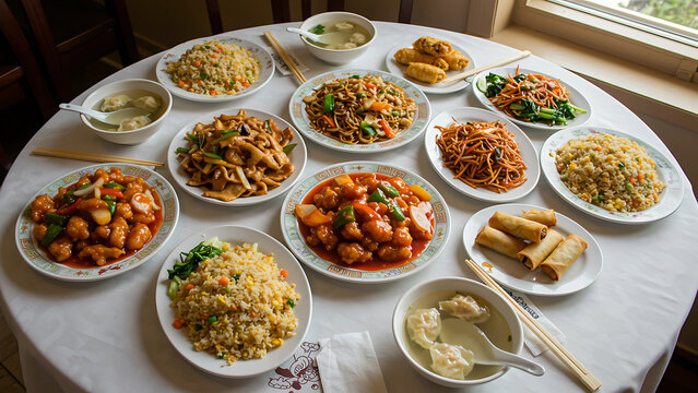 Delicious chinese food feast on a round table - Powered by Adobe