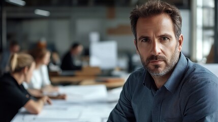 Obraz premium A confident European male architect poses for a portrait in a modern office environment, showcasing focus and professionalism in a creative workspace.