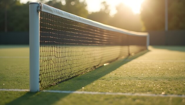 A tennis court with a net in the foreground during sunset