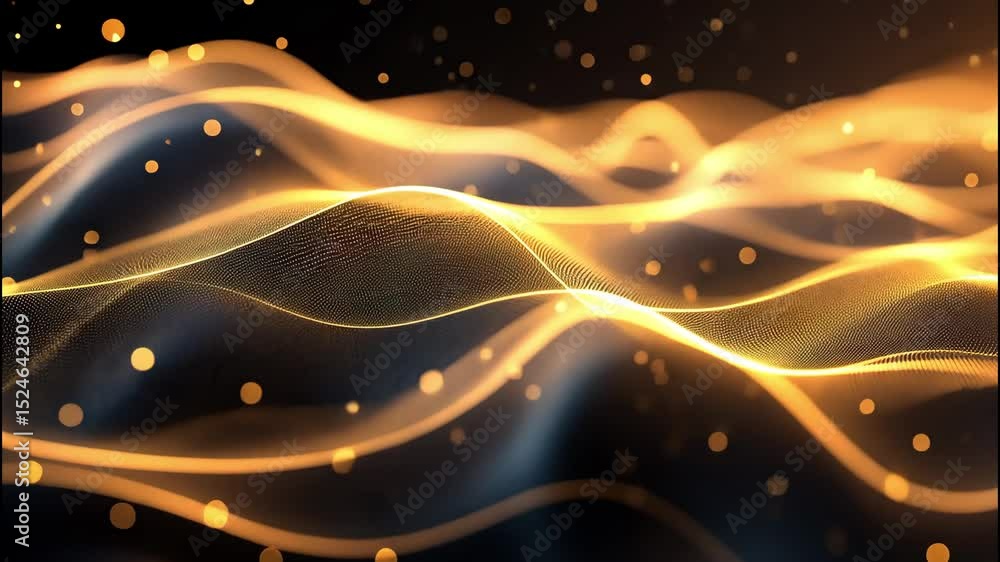 Poster glowing golden particles forming abstract waves and flowing lines in a dark digital space