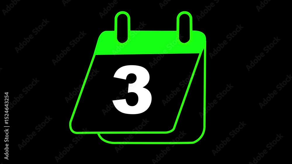 Poster animation of the date 3 green color calendar on a black background. animated calendar icon isolated 