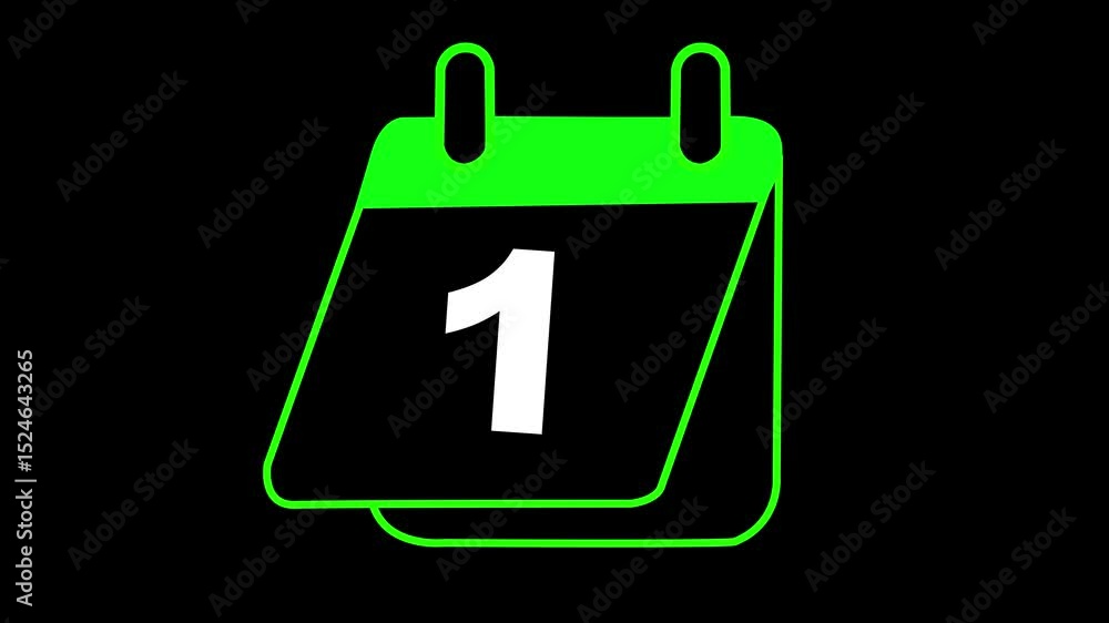 Poster animation of the date 1 green color calendar on a black background. animated calendar icon isolated 