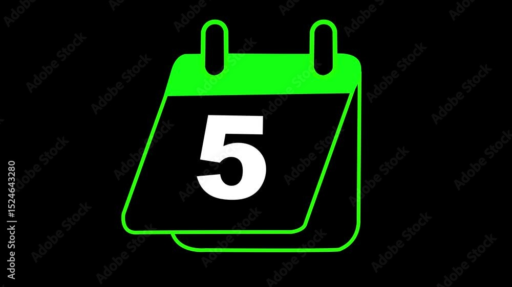 Poster animation of the date 5 green color calendar on a black background. animated calendar icon isolated 