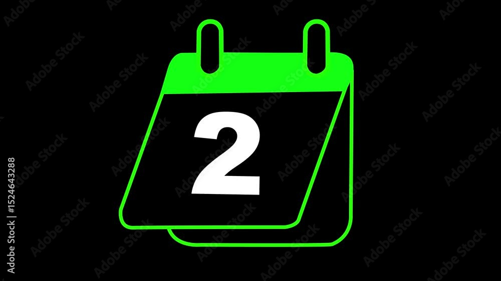 Poster animation of the date 2 green color calendar on a black background. animated calendar icon isolated 