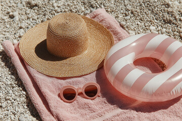 a flat lay of summer essentials on a pebbled beach: wide-brim straw hat, pastel pink sunglasses, soft pink textured towel, and striped inflatable float, cozy and aesthetic beach setup