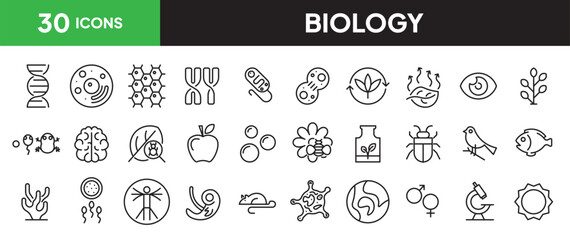 Biology icon set in line style. Collection of biology linier icons. including DNA, cell, chromosome, organism, etc. Editable stroke