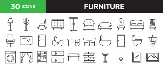 Obraz premium Furniture icon set in line style. Collection of interior design and household items linier icons. including chair, lamp, table, sofa, bed, sink, door, etc. Editable stroke