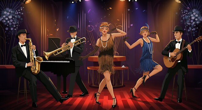 Flapper dancer with jazz musician on stage